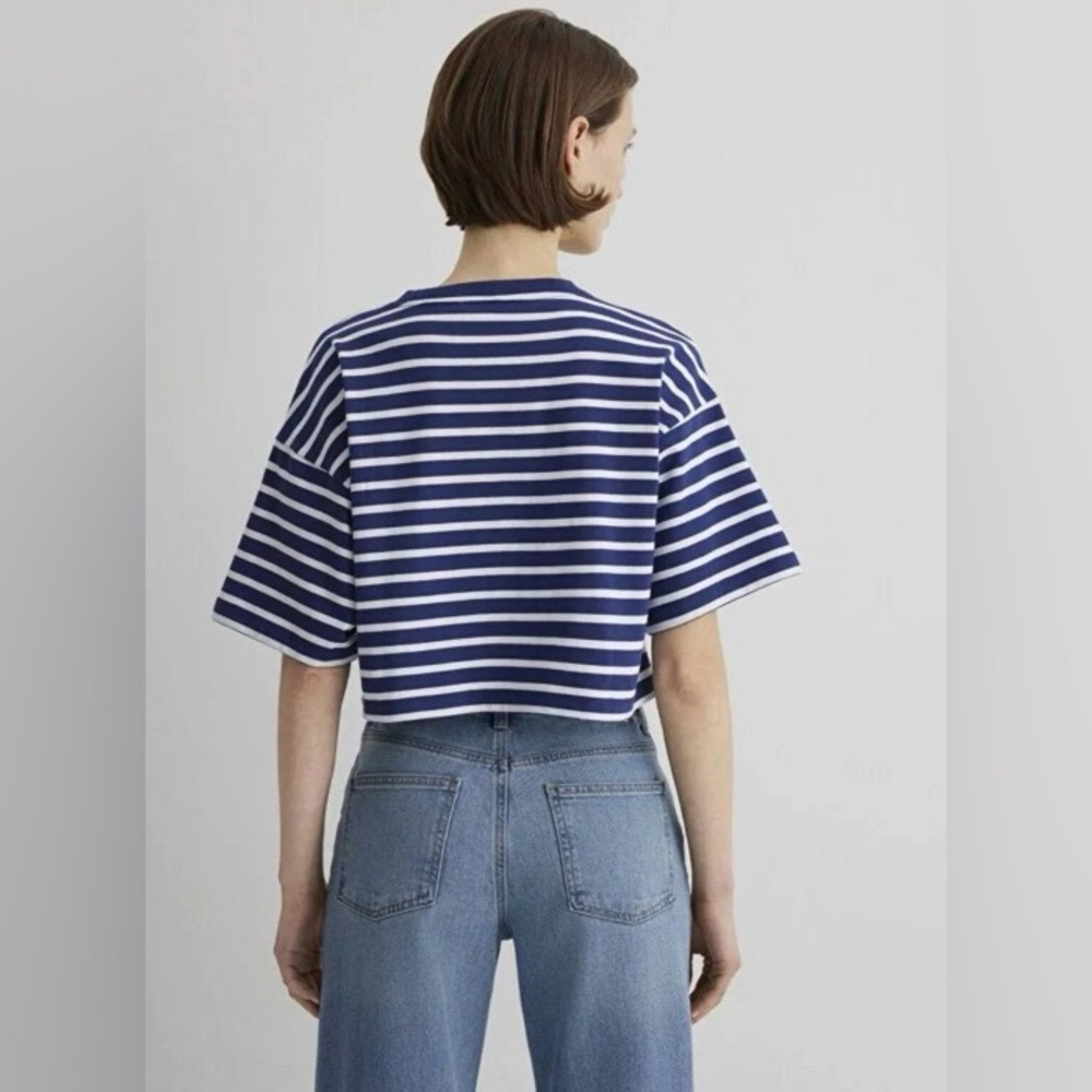 🛍️SALE🛍️ Mavi Logo Printed Striped Navy Blue Crop T-shirt Crop / Short Sleeves - Picture 3 of 7
